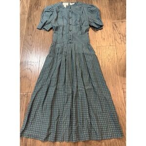 Karin Stevens Vintage 80s Dress Green Blue Geo Print Pleated Puff Sleeve Size 12